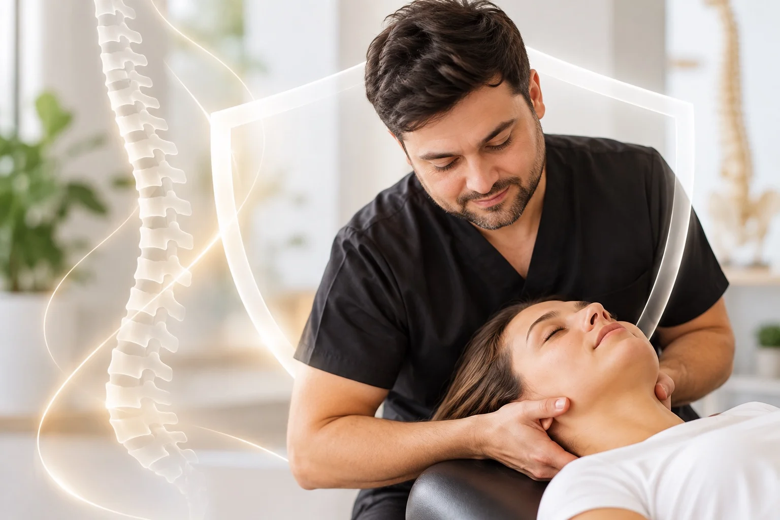 Quiropráctico realizando un ajuste cervical a una paciente